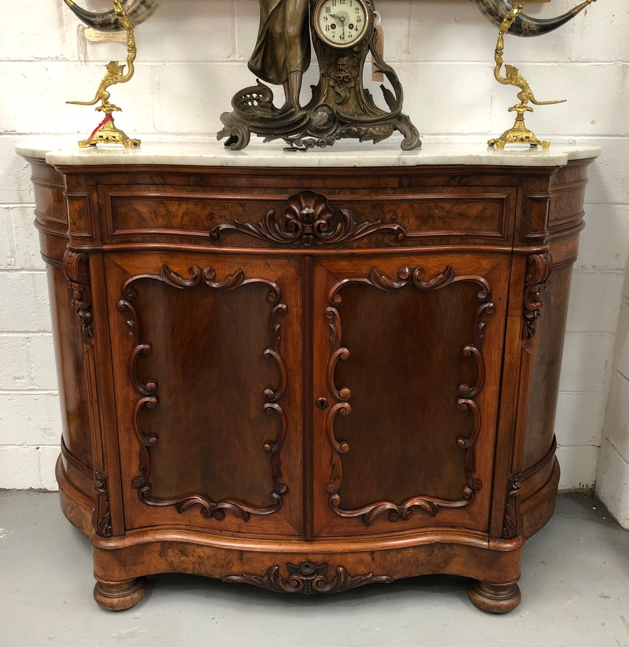 Antique French Figured Walnut Marble Top Buffet