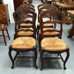 Lovely Set Of Six French Oak Rush Seat Dining Chairs