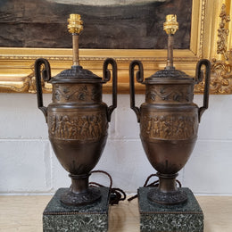 Antique pair of beautiful French urns on marble table\bedside lamps. In good original detailed working condition .
