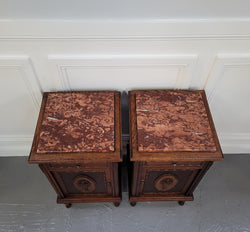 Pair of French Art Deco Oak & Rouge Inset Marble Top Bedside Cabinets | Antique & Vintage | Moonee Ponds Antiques | Australia Wide Delivery