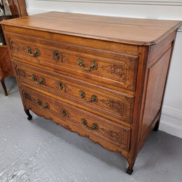 French Louis 15th style large three drawer chest featuring carved drawers. It has been sourced from France and is in good original detailed condition.