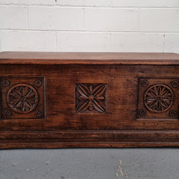 Early 19th Century French Chestnut coffer. It has loads of rustic charm and is in good original detailed condition. It has been sourced from France.