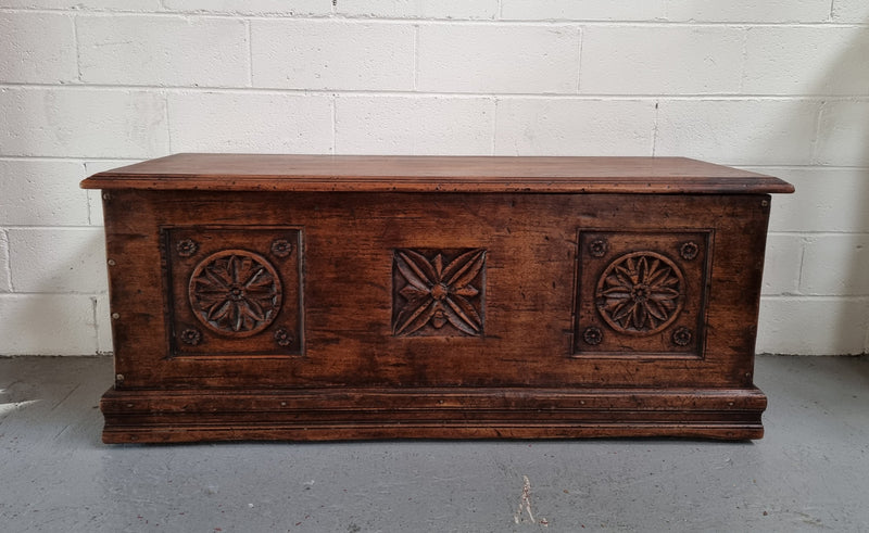 Early 19th Century French Chestnut coffer. It has loads of rustic charm and is in good original detailed condition. It has been sourced from France.