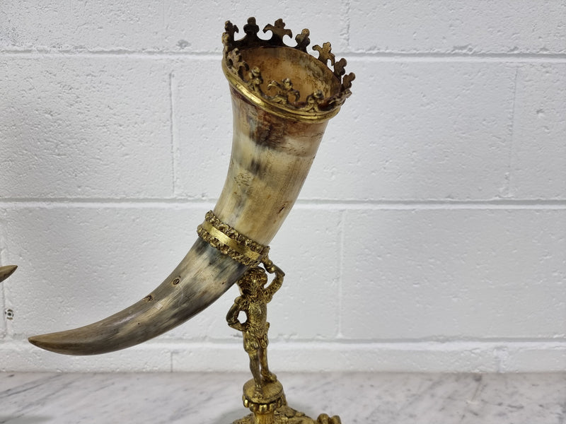 Pair of 19th century French gilt metal and horn mantle vases. In good condition. Circa 1880.