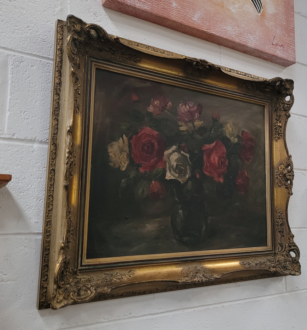Beautiful Gilt Framed and Signed Oil on Board Depicting Roses in Floral Arrangement