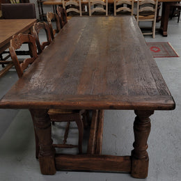 Amazing 2.65 meter French Elm Refectory dining table with loads of rustic charm. This table has been sourced from France and can comfortably seat ten people. It is in good original detailed condition.