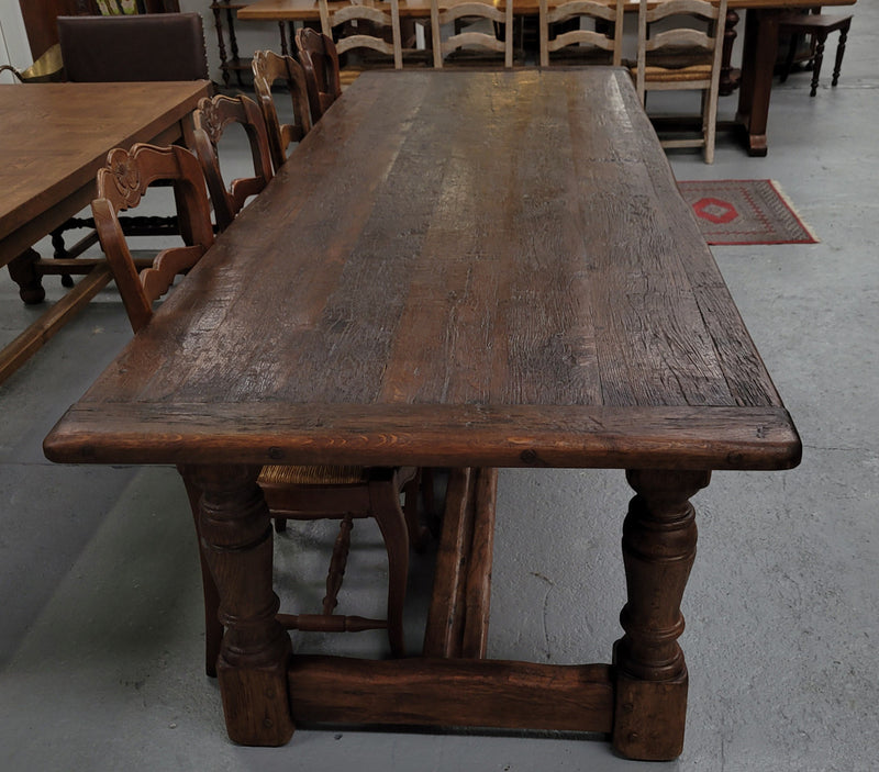 Amazing 2.65 meter French Elm Refectory dining table with loads of rustic charm. This table has been sourced from France and can comfortably seat ten people. It is in good original detailed condition.