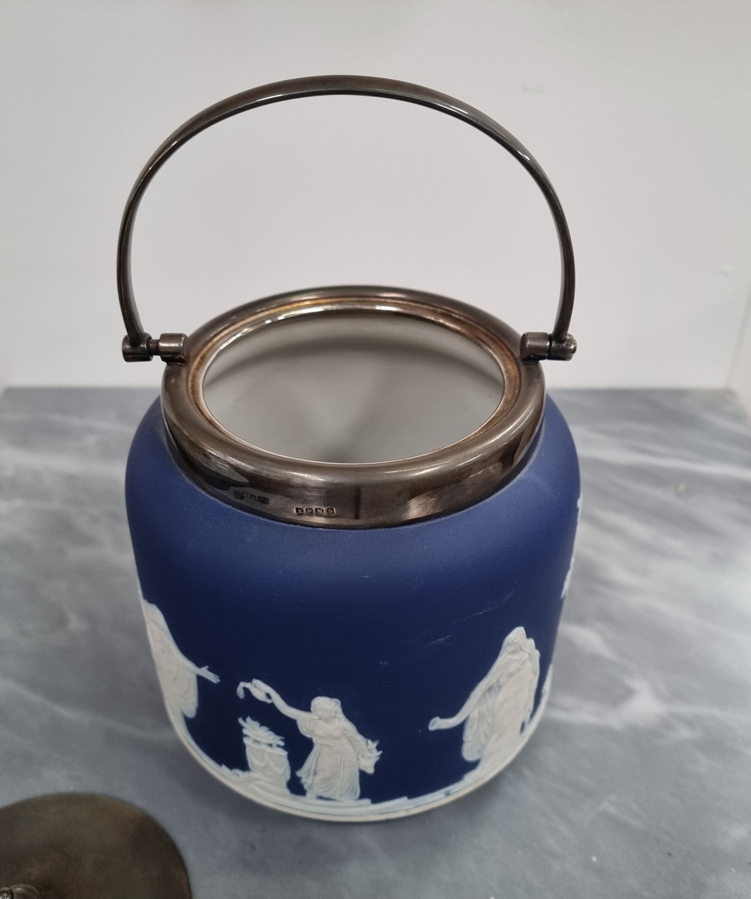 Wedgwood Blue Adam's Jasperware Biscuit Barrel