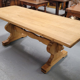 Stunning French Oak Farmhouse table with two extension leaves. When fully extended the table measures to a massive 339.5 cm long. Sourced from France and in good original detailed condition.