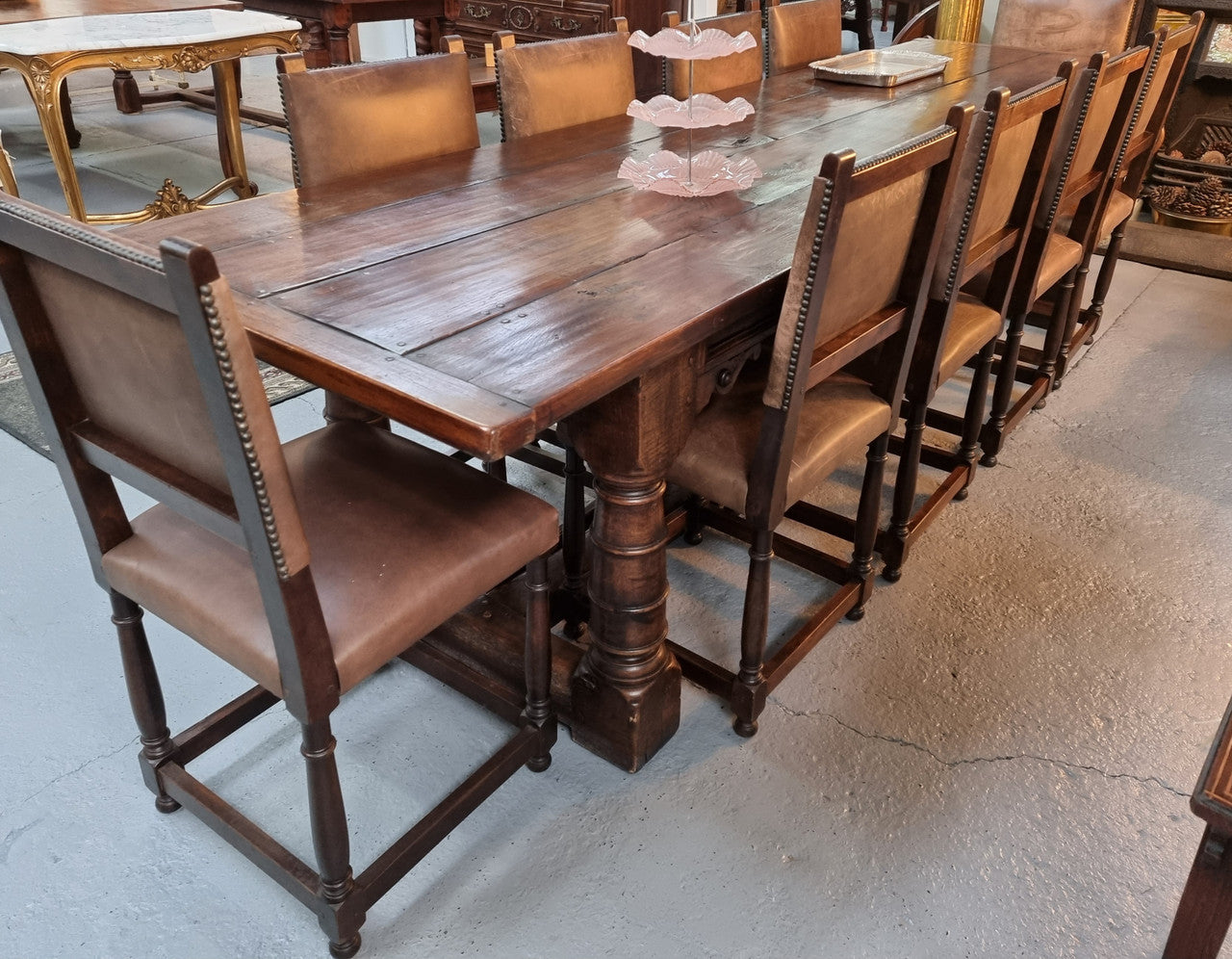 Amazing 3 Meter Dark Oak Farmhouse Dining Table With Set of 10 Leather Chairs