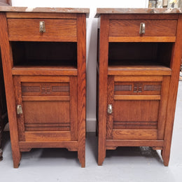 Pair of French Oak Arts & Crafts Marble Top Bedsides