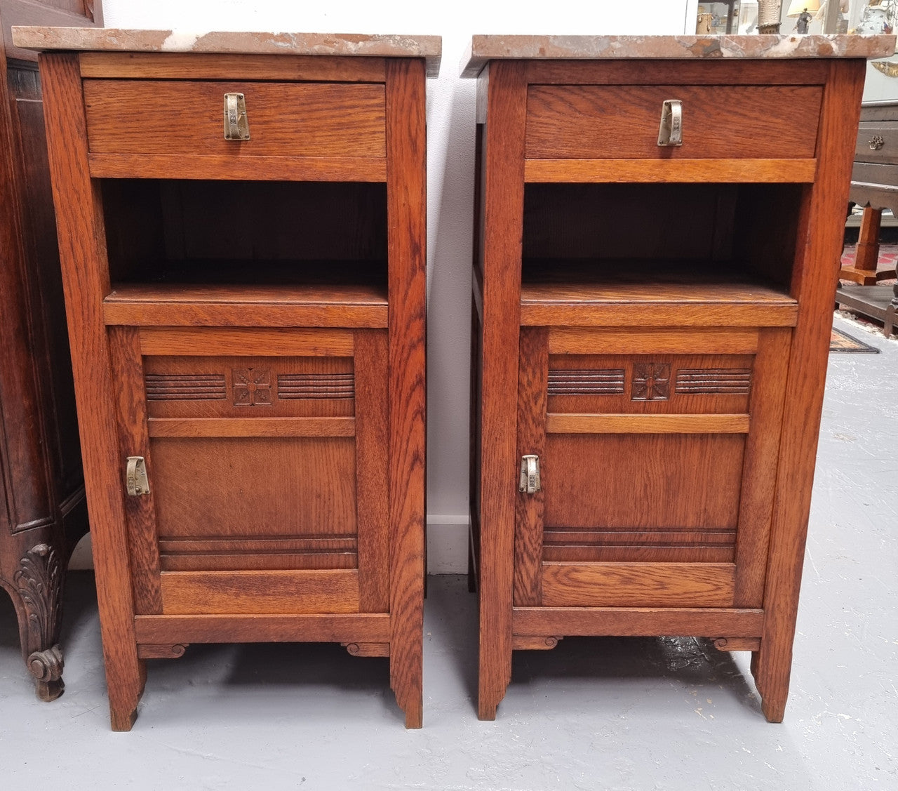 Pair of French Oak Arts & Crafts Marble Top Bedsides