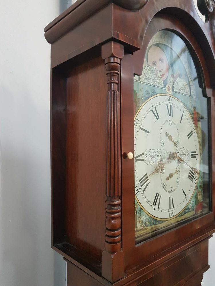 Late Georgian Flame Mahogany Case Moon Phase Dial Grandfather Clock | Antique & Vintage | Moonee Ponds Antiques | Australia Wide Delivery