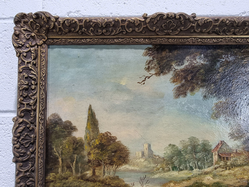 Beautiful antique french signed oil on canvas painting, depicting Castle Landscape.  In good realigned original condition.