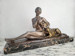 French Art Deco Brozne Statue Of Lady & German Shepard Signed by Louis Riche (1877-1949) | Antique & Vintage | Moonee Ponds Antiques | Australia Wide Delivery