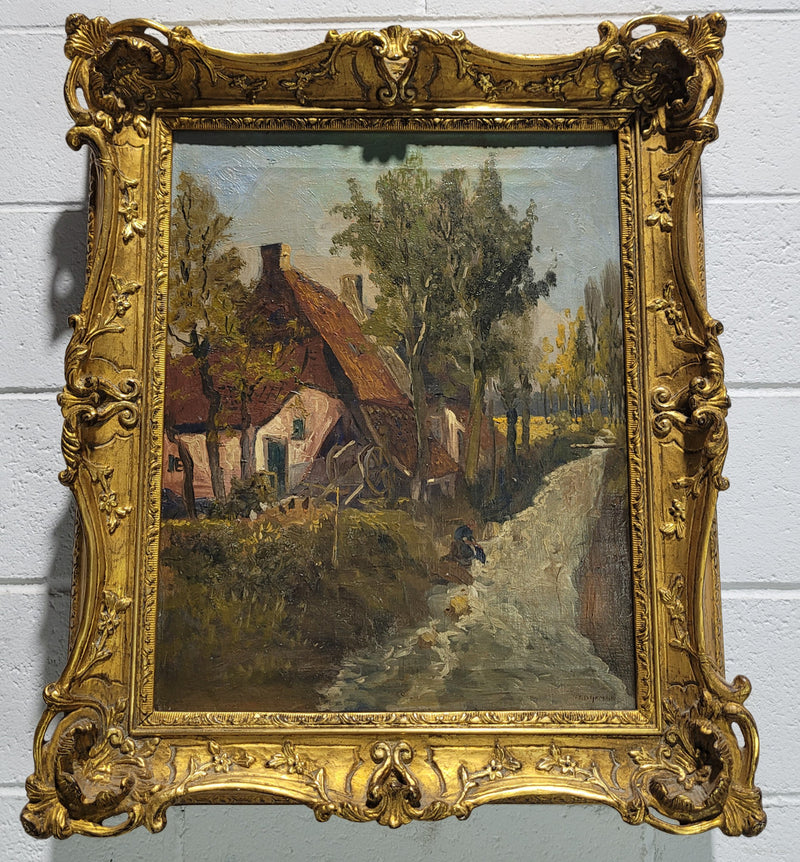 Stunning french oil on canvas signed “Dykman” painting, depicting farmhouse scene and in original gilt frame.