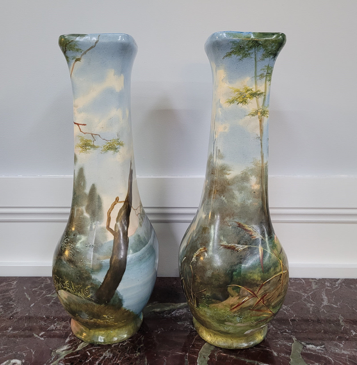 Pair of Victorian hand painted decorative vases depicting women. Please view photos as they help form part of the description.