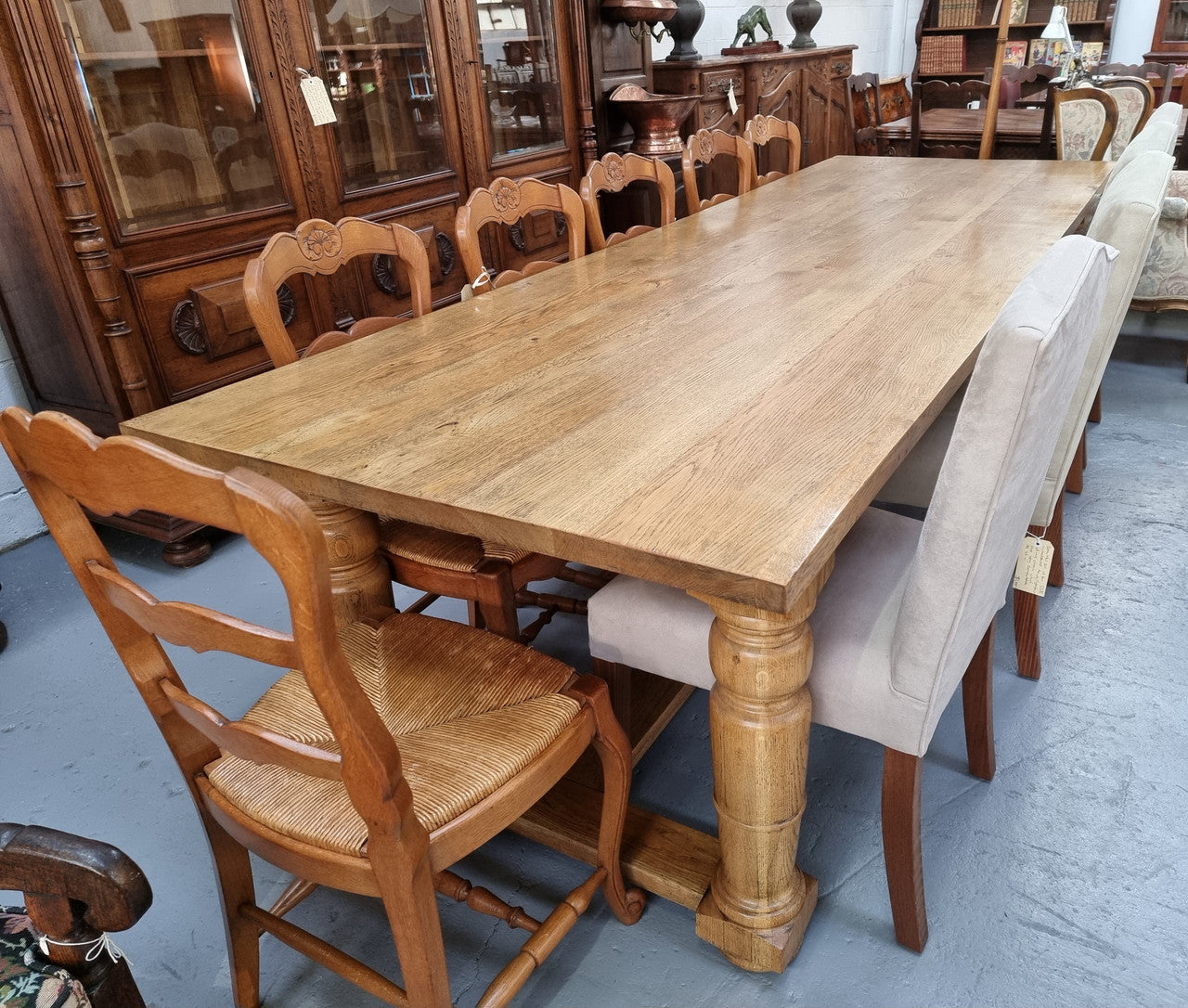 3 Meter Bespoke Oak Stretcher Base Farmhouse Dining Table | Antique & Vintage | Moonee Ponds Antiques | Australia Wide Delivery