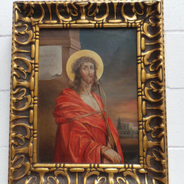 Superbly Painted Oil On Canvas Of Jesus In An Ornate Antique Gilt Decorated Frame.