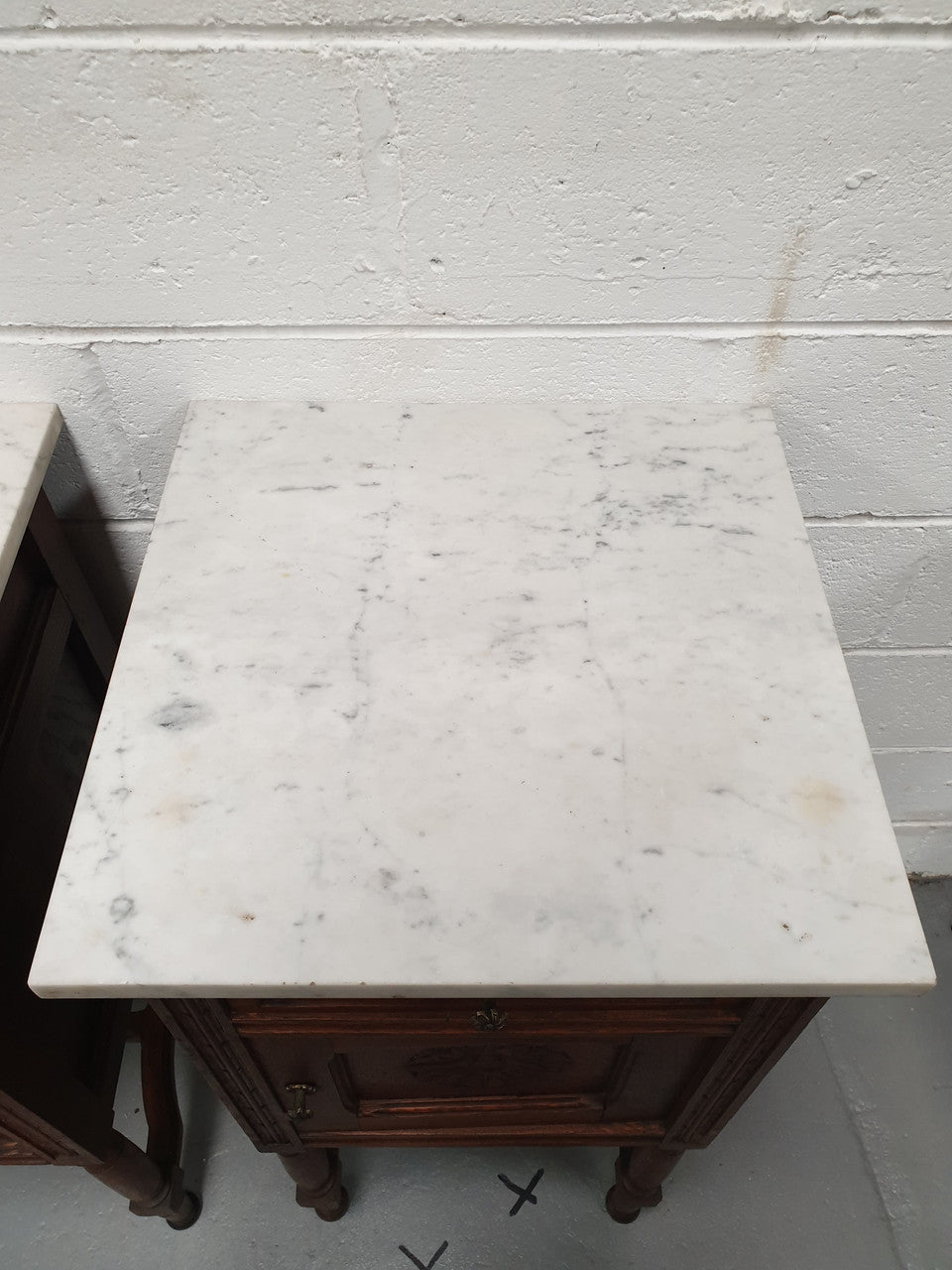 French Pair Of Oak White Marble Top Bedside Cabinets | Antique & Vintage | Moonee Ponds Antiques | Australia Wide Delivery