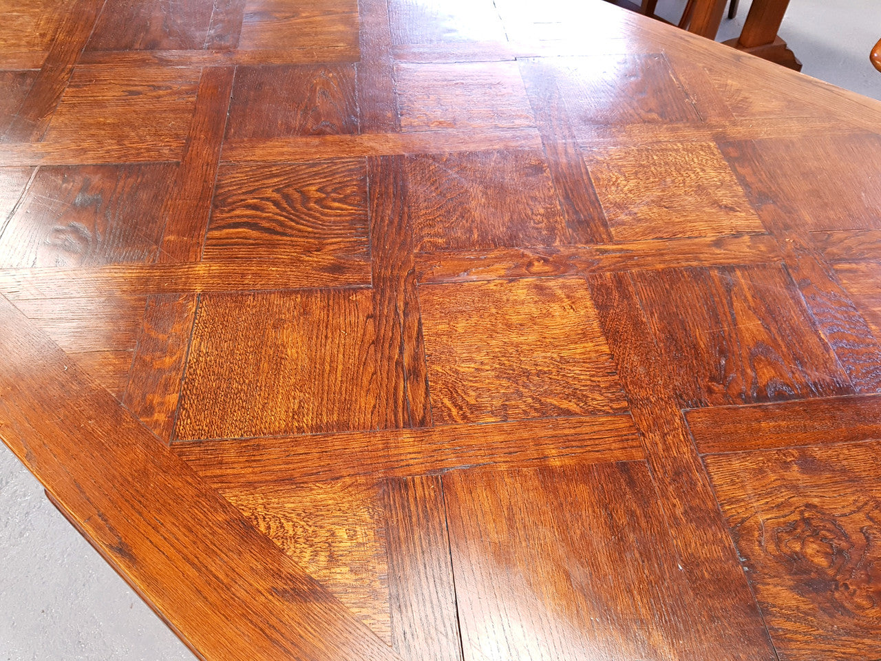 Large Rustic French Oak Parquetry Top Extending Table