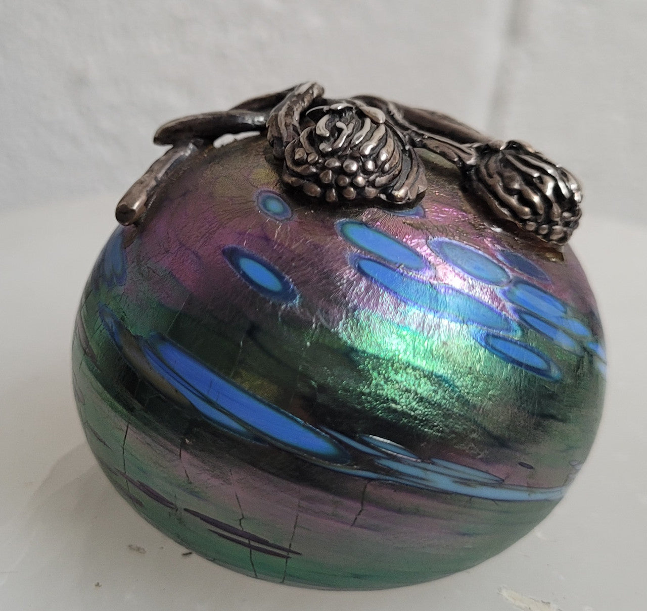 Vintage Iridescent Colin Heaney Paperweight with Sterling Silver Waratah flower by Suzanne Brett