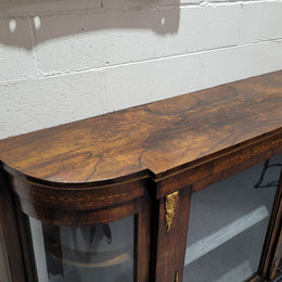 Victorian Rosewood inlaid side cabinet/credenza with velvet lined shelves and gilt mounts. It has been sourced locally and is in good original condition with loads of character.