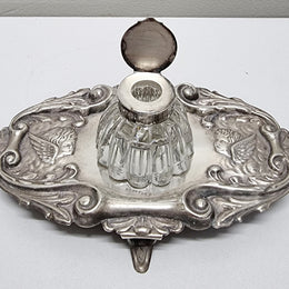 Edwardian Silver Plated Ink Stand Cherub Embossed Design