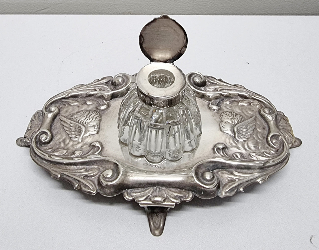 Edwardian Silver Plated Ink Stand Cherub Embossed Design | Antique & Vintage | Moonee Ponds Antiques | Australia Wide