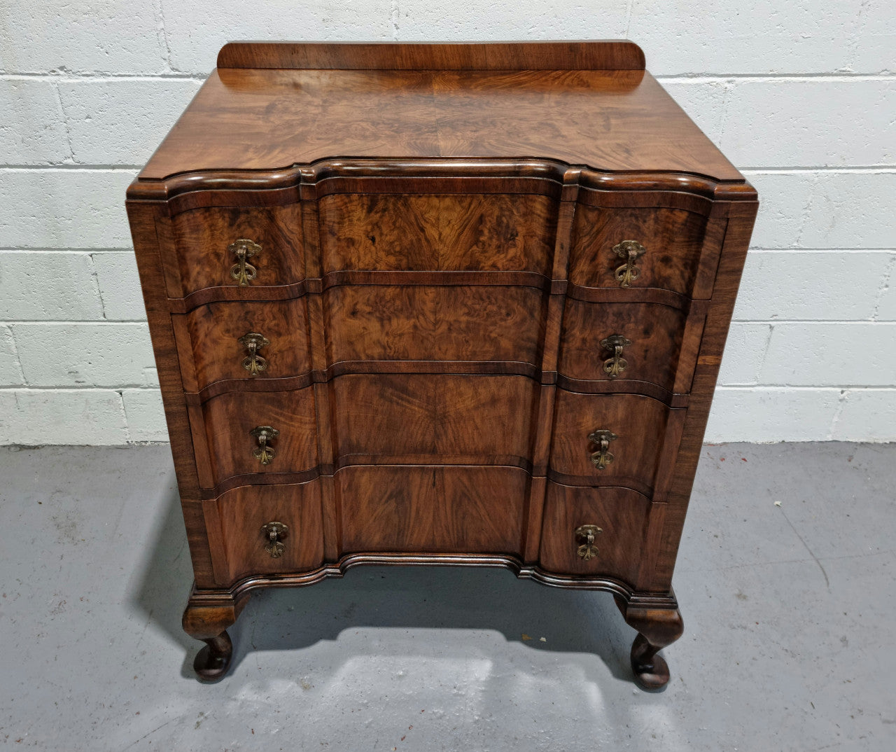 Antique English Figured Walnut Inverted Serpentine Fronted Chest of Drawers