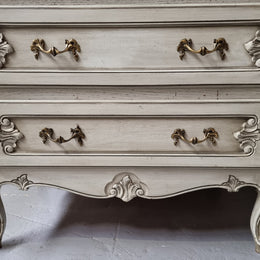 French Louis 15th style Vintage six drawer chest with panelled sides, carving and original paint.  Sourced from France and in good original condition.