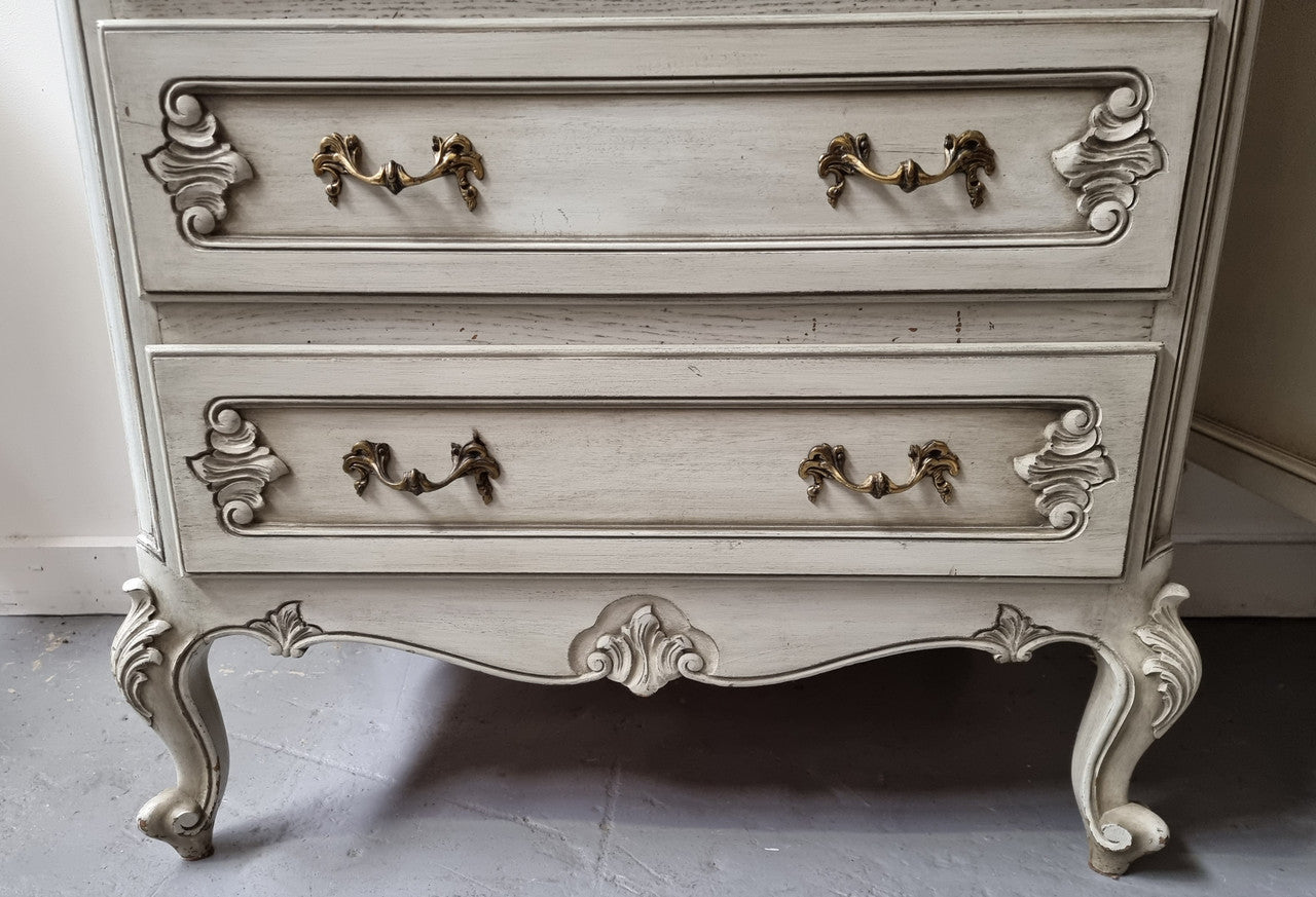 French Louis 15th style Vintage six drawer chest with panelled sides, carving and original paint.  Sourced from France and in good original condition.
