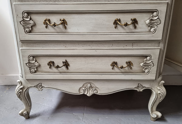 French Louis 15th style Vintage six drawer chest with panelled sides, carving and original paint.  Sourced from France and in good original condition.