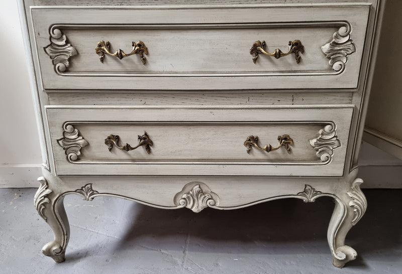 French Louis 15th style Vintage six drawer chest with panelled sides, carving and original paint.  Sourced from France and in good original condition.