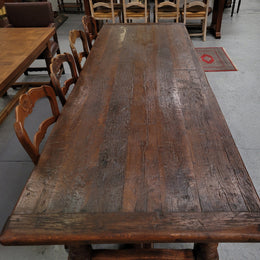 Amazing 2.65 meter French Elm Refectory dining table with loads of rustic charm. This table has been sourced from France and can comfortably seat ten people. It is in good original detailed condition.