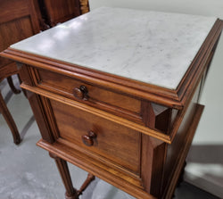 French Walnut Henry II Style Bedside Cabinet With White Marble Top | Antique & Vintage | Moonee Ponds Antiques | Australia Wide Delivery