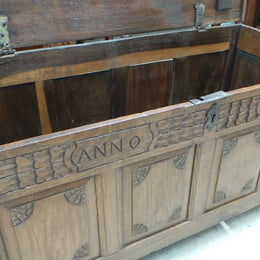 Antique French oak coffer/chest with 1755 engraved on the front. This is an amazing piece and in good original condition.