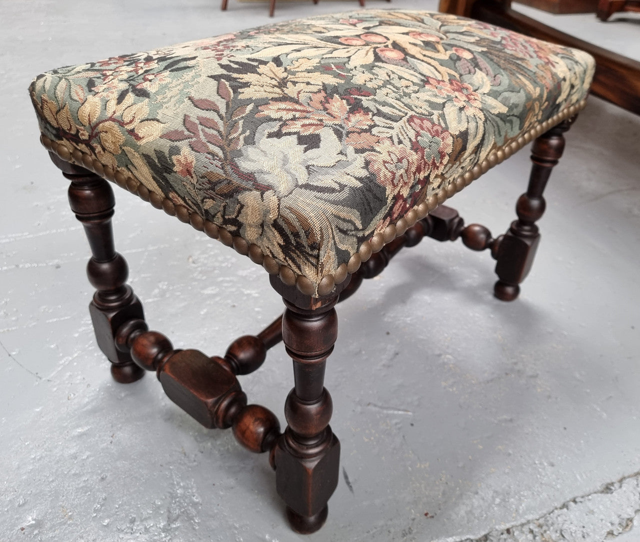 Flemish Baroque Style Walnut Footstool with Tapestry Fabric Top | Antique & Vintage | Moonee Ponds Antiques | Australia Wide Delivery