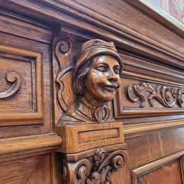 Impressive and grand French Oak Renaissance style sideboard. Beautifully detailed carvings and plenty of storage with three very large cupboards with a total of eight adjustable shelves along with three large drawers. It has been sourced from France and is in very good original detailed condition.
