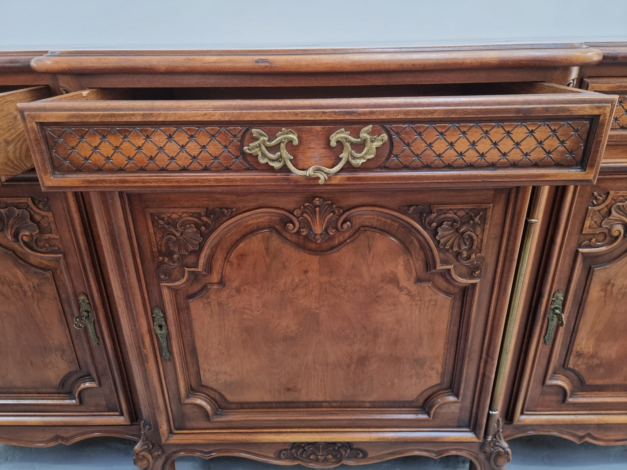 French Burr Walnut-Walnut Parquetry Top Three Door Sideboard | Antique & Vintage | Moonee Ponds Antiques | Australia Wide Delivery