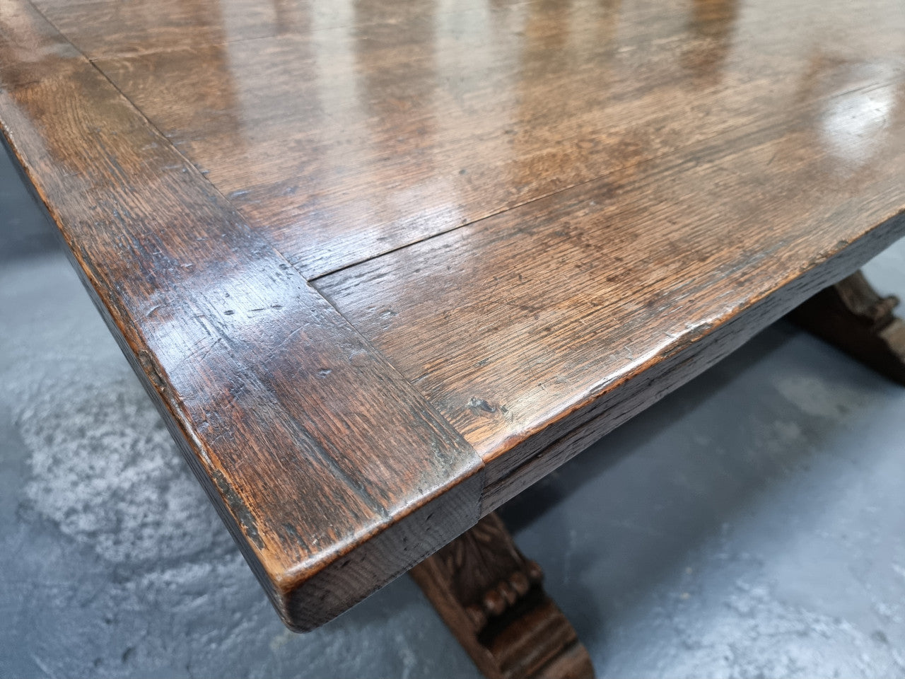 A beautifully carved 19th Century French Oak farmhouse table with a "bulbous base". It is in very good original detailed condition.