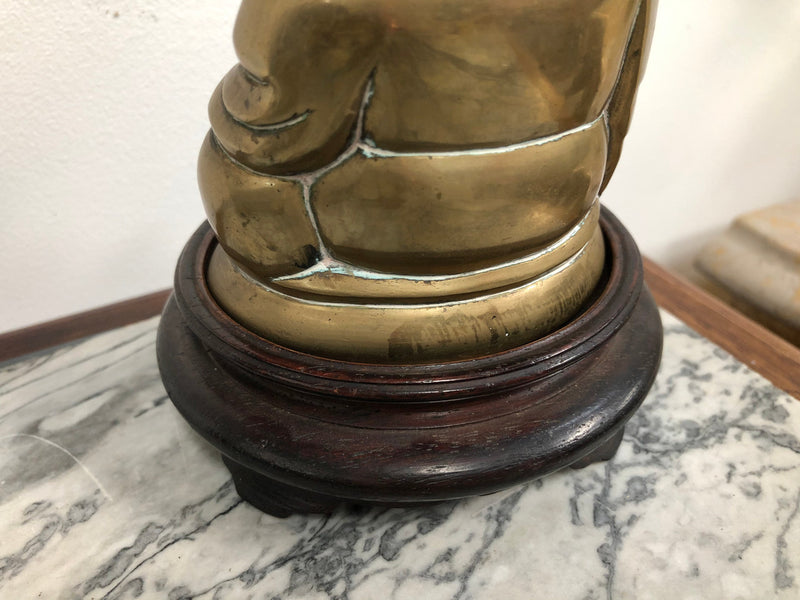 Antique Brass Chinese Buddha On Wooden Stand