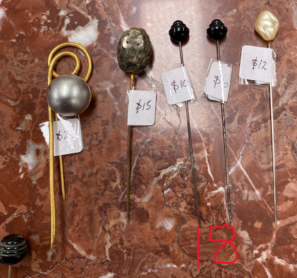 We stock a range of assorted Vintage/Antique hatpins which start from $6. Please view photos to see our current range. You are able to purchase our hat pins by either emailing us or calling us to confirm availability and prices.