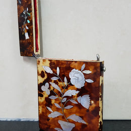Victorian Tortoiseshell Card Case Inlaid With Floral Panels of Mother Of Pearl