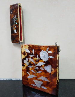 Victorian Tortoiseshell Card Case Inlaid With Floral Panels of Mother Of Peral | Antique & Vintage | Moonee Ponds Antiques | Australia Wide Delivery