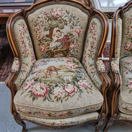 Pair of amazing French Walnut tapestry covered armchairs. The tapestry is in very good condition, please view photos as they form part of the description. Sourced from France and is in good original detailed condition.