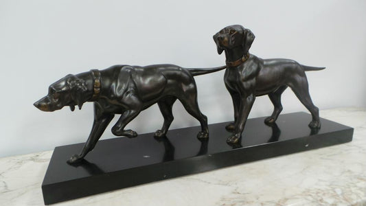 Art Deco Bronzed Spelter Statue Of Two Dogs