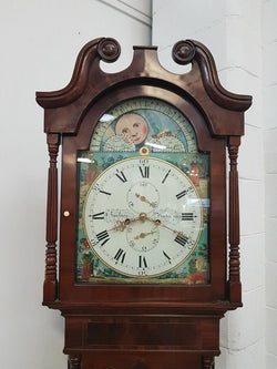 Late Georgian Flame Mahogany Case Moon Phase Dial Grandfather Clock | Antique & Vintage | Moonee Ponds Antiques | Australia Wide Delivery