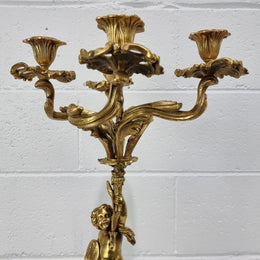 A pretty 19th Century French gilt bronze candelabra featuring a cherub. In good condition. Circa 1880.