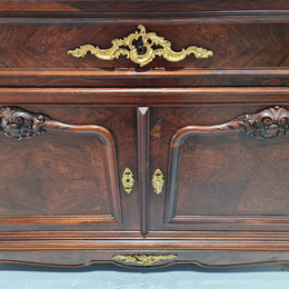Stunning Rosewood Marble Topped Secretaire with two cupboards. Cupboards open to three fitted drawers and an additional secret drawer beneath the cupboard. All sitting on lovely carved legs and decorated with ormolu mounts. Circa: 1860. In good original detailed condition.